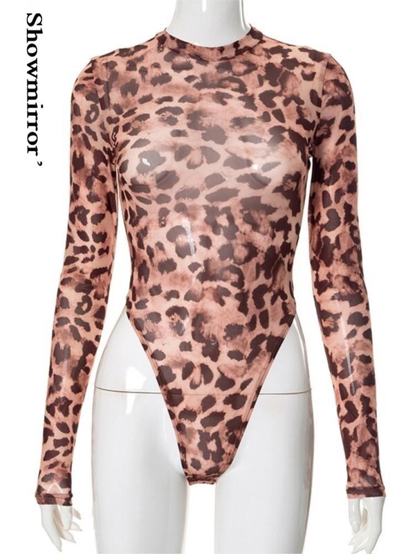 Leopard Print Tīkla bodiji Sieviešu 2024 Rudens apģērbi Apakšveļa Seksīga tīklveida T-krekls Caurspīdīgi topi ķermeņa kostīmi