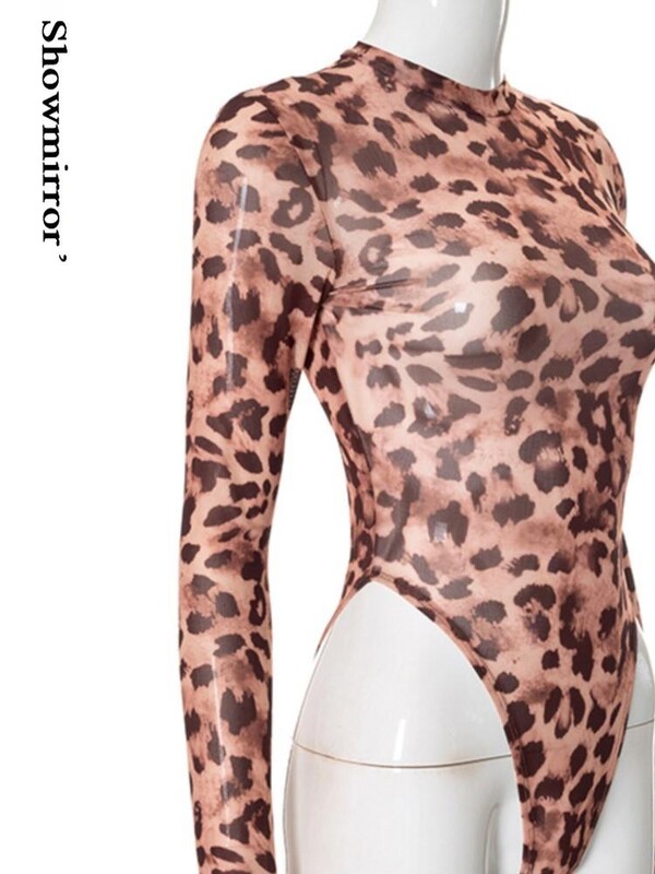 Leopard Print Tīkla bodiji Sieviešu 2024 Rudens apģērbi Apakšveļa Seksīga tīklveida T-krekls Caurspīdīgi topi ķermeņa kostīmi