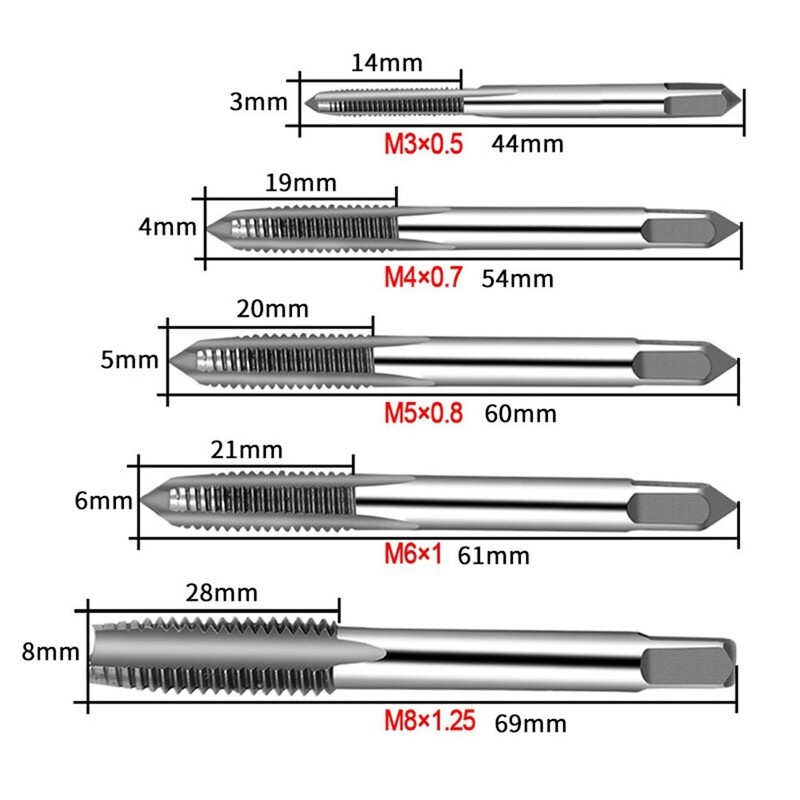 Set de robinet metric de 5 bucăți, burghie, seturi de instrumente de mână, M3-M8, mașină, cu vârf spiralat, filet, set de robinet și matrițe, metal, lemn