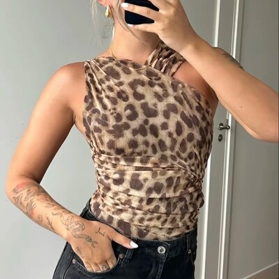 Zevity New 2024 Sieviešu Sexy Leopard Print Neregulāra sieta bodiji Sieviešu pludmales apģērbi Plisētu caurumu spēļu tērpi Mujer Rompers LS6214