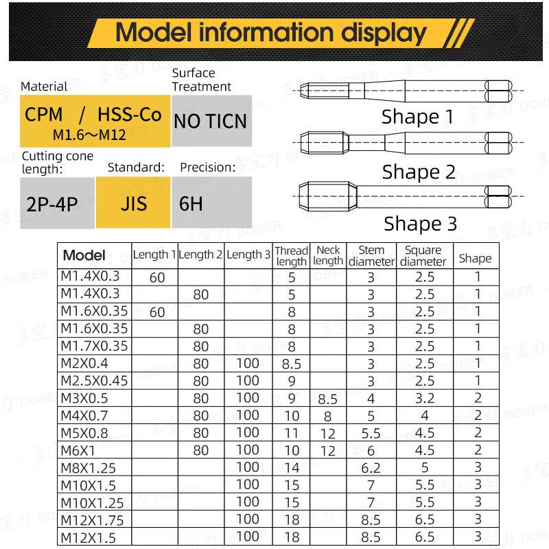DOBER 100L/80L HSS menetfúró M1.6 M2 M3 M4 M5 M6 metrikus menetfúró és matrica készlet jobb oldali mechanikus menetfúró szerszám