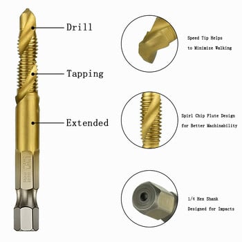 6 τμχ Τρυπάνι με επίστρωση τιτανίου και σετ βρύσης Μετρικό σπείρωμα HSS M3-M10 Εργαλείο χειρός με κοχλία 1/4 Εξαγωνικό στέλεχος