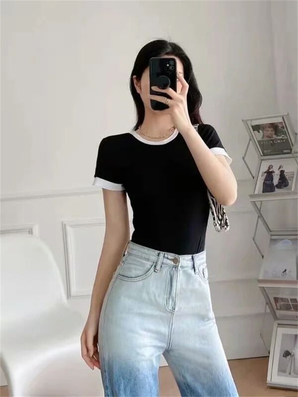 Módne ležérne základné kontrastné farebné body pre ženy letné elegantné krátke rukávy s výstrihom do V, sexy body top, bodycon overal, dámske kombinézy