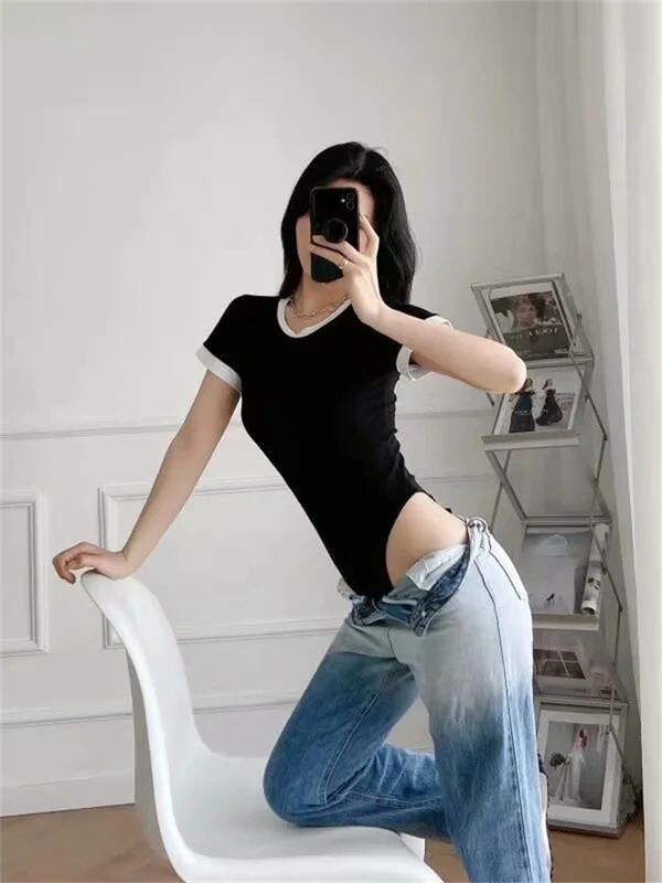 Módne ležérne základné kontrastné farebné body pre ženy letné elegantné krátke rukávy s výstrihom do V, sexy body top, bodycon overal, dámske kombinézy