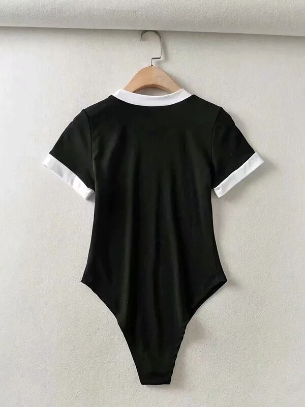 Módne ležérne základné kontrastné farebné body pre ženy letné elegantné krátke rukávy s výstrihom do V, sexy body top, bodycon overal, dámske kombinézy