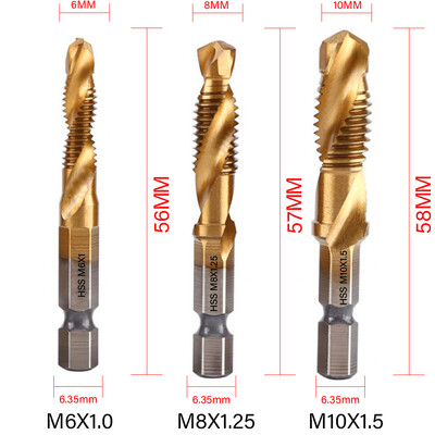 Set de burghie pentru robinet, 1/6 buc., tija hexagonală placată cu titan HSS, șurub, filet, mașină de șuruburi, robinet compus M3 M4 M5 M6 M8 M10, unelte de mână