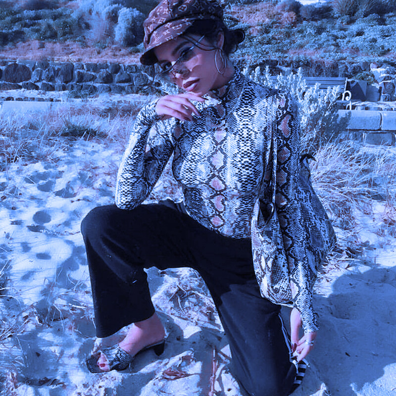 Y2K Eiropas un Amerikas pavasara top sieviešu jaunais traf retro seksīgs slaids dūriens ar garām piedurknēm čūskas raksts ar garām piedurknēm Harajuku jumpsui