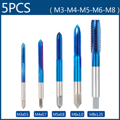 Set de 5 bucăți de robinet cu filet de mână HSS robinet metric M3/M4/M5/M6/M8 Set de instrumente de găurit cu șurub metalic pentru robinet de găurit pentru aliaj de aluminiu, oțel, cupru