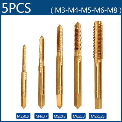 Set de 5 bucăți de robinet cu filet de mână HSS robinet metric M3/M4/M5/M6/M8 Set de instrumente de găurit cu șurub metalic pentru robinet de găurit pentru aliaj de aluminiu, oțel, cupru