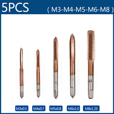 Set de 5 bucăți de robinet cu filet de mână HSS robinet metric M3/M4/M5/M6/M8 Set de instrumente de găurit cu șurub metalic pentru robinet de găurit pentru aliaj de aluminiu, oțel, cupru