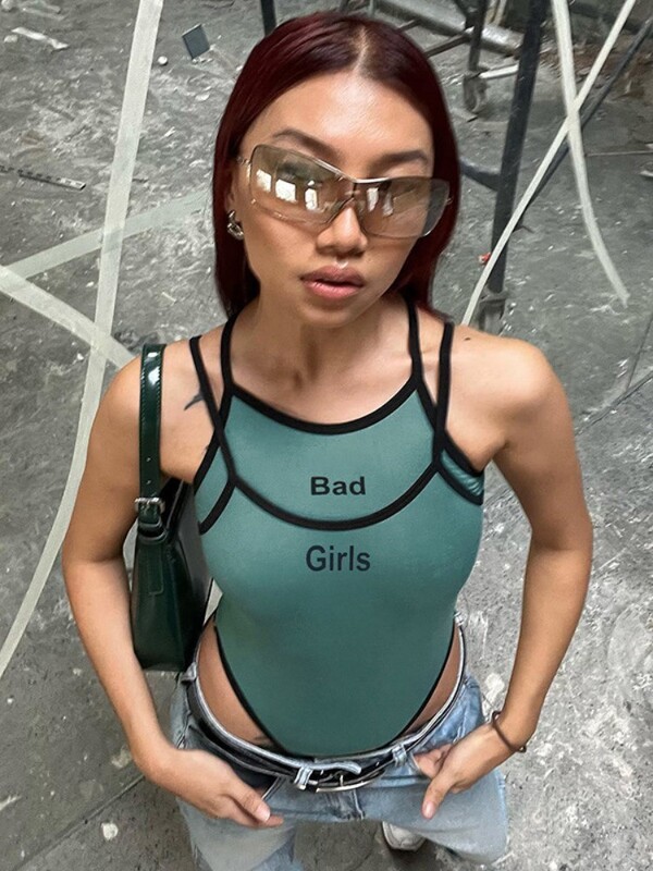 Y2k Grunge American Vintage Patchwork Bodysuit Fashion Chic Strap Bodycon Jumpsuit Women Streetwear Sexy bez rukávov Bodysuits