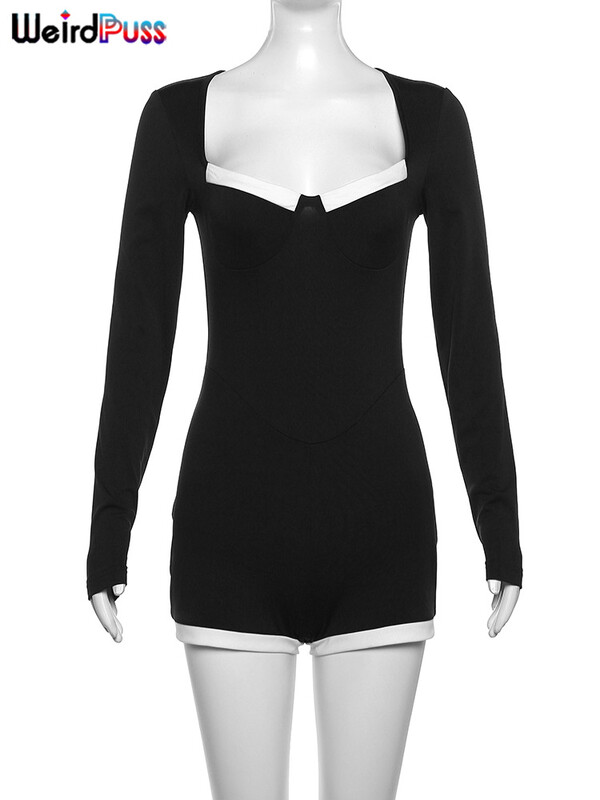 Imelik puss kandilise kraega mängukostüüm naiste sügise šikk lapiline pikkade varrukatega kitsas veniv pikkade varrukatega tänavarõivaste kombinesoon