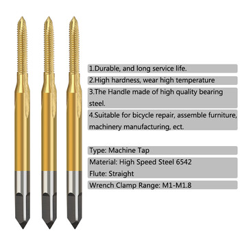 Βρύση σπειρώματος HSS M1 M1.2 M1.4 M 1.6 M1.7 M1.8 Βιδωτή μηχανή Βρύσης με επίστρωση τιτανίου Μεταλλική τρύπα βιδών Τρυπάνι βρύσης από χάλυβα