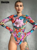 „Shestyle“ tinklinis, permatomas gėlių raštas, moteriškas daugiaspalvis spalvingas kaklo kostiumas, permatomas, karštas mergaičių sportinis marškinėlių apatinis trikotažas