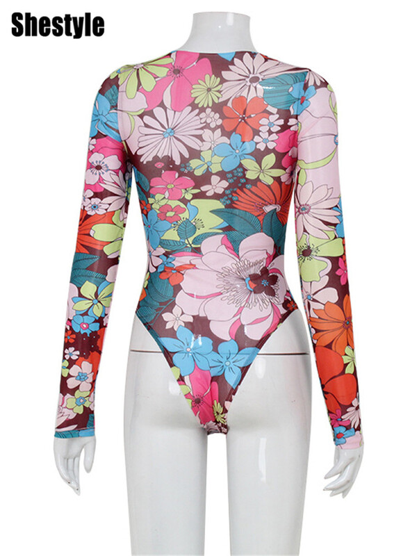 „Shestyle“ tinklinis, permatomas gėlių raštas, moteriškas daugiaspalvis spalvingas kaklo kostiumas, permatomas, karštas mergaičių sportinis marškinėlių apatinis trikotažas