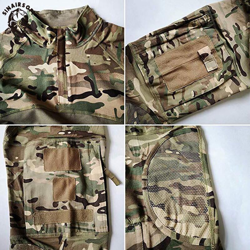 SINAIRSOFT vīriešu kamuflāžas taktiskais kaujas krekls elastīgs kokvilnas 1/4 rāvējslēdzējs Uniform krekli ar garām piedurknēm Camo T krekls