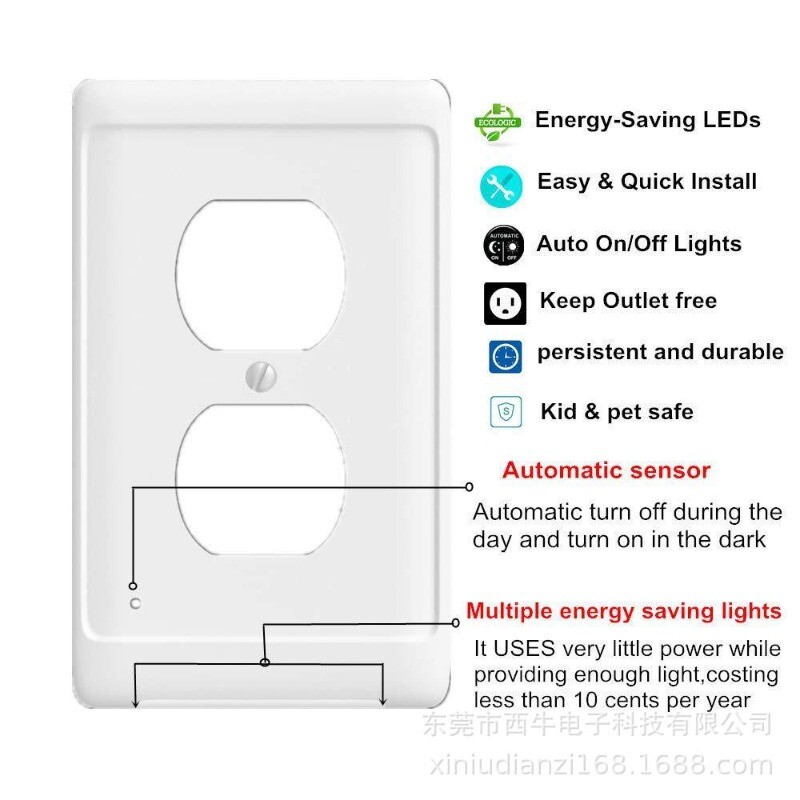 Elektriline pistikupesa seinaplaat LED-öötulede lülitiga ühepooluseliste kahepoolsete pistikupesade jaoks Lülitab automaatse sisselülitamise väljalülitusanduri