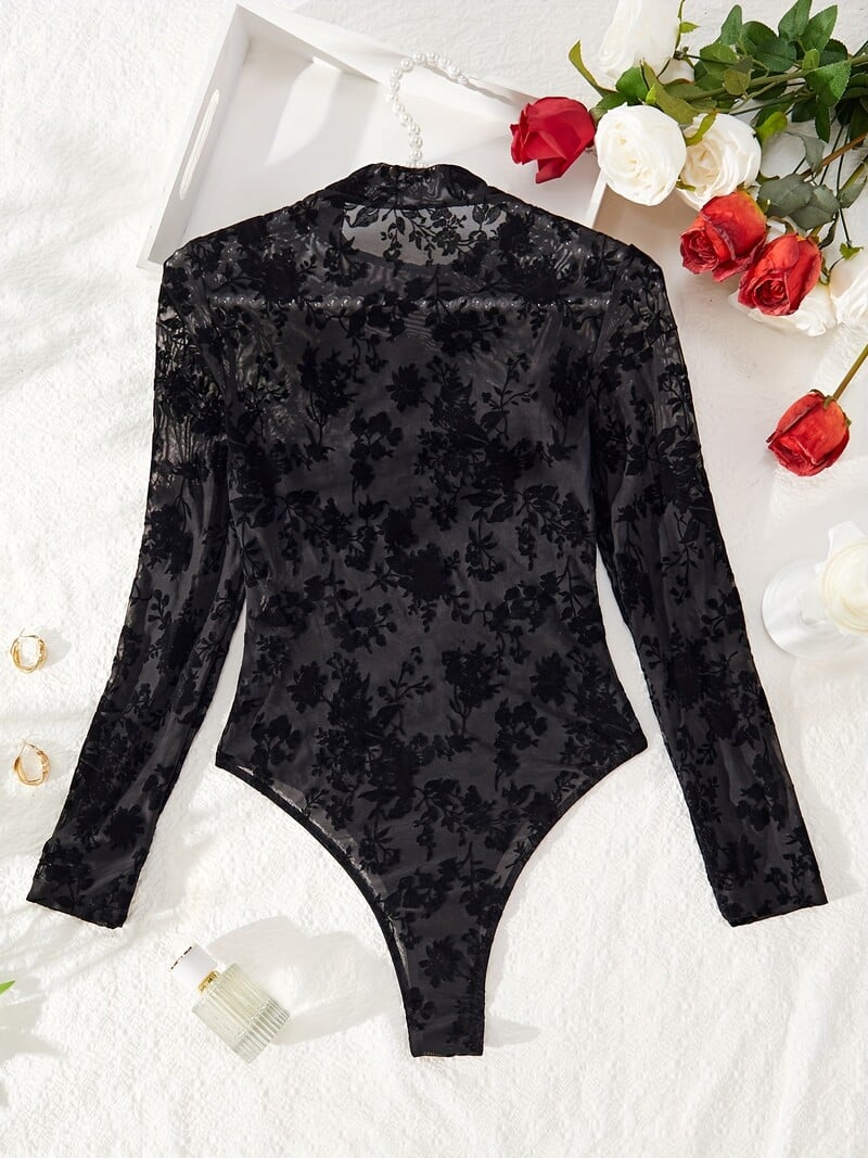 Sexy žakárové teddy body s dlhým rukávom, dámske sexy spodné prádlo a spodná bielizeň - Bodystocking
