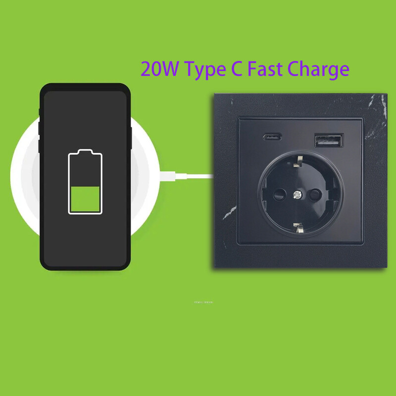 Sienas apgaismojuma slēdzis Sienas kontaktligzda Marmora stila plāksne Akmens panelis USB tipa C ātrās uzlādes kontaktligzda Ūdensnecaurlaidīga vannas istabas ligzda