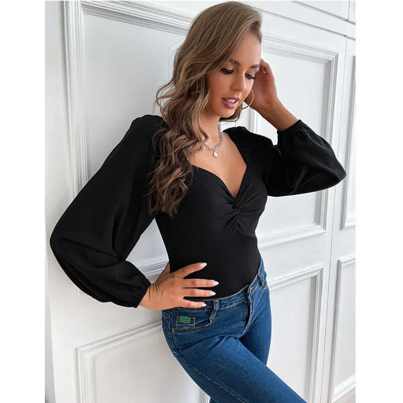 Νέα μακρυμάνικη ολόσωμη φόρμα με στριφτή λαιμόκοψη σε γαλλικό στιλ Γυναικεία στενή εφαρμογή σε στυλ κορσέ