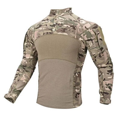 Taktikai ingek Férfi hosszú ujjú harci ing 1/4-es cipzárral Ripstop Cotton Camo T Ingek Vadászruházat Szélálló