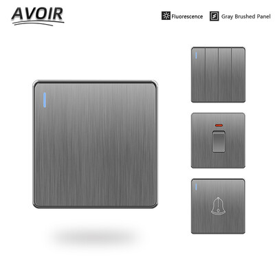 Avoir Light Switch Push Button Grey Brushed panel Plate USB Wall Switches EU UK 16A 20A 45A 110-250V 1 2 3 4 Gang 1 2 Way