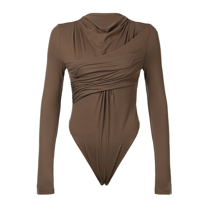 HEYounGIRL Pruun ebaregulaarsed voldid Naiste Body Stiilne šikk pikkade varrukatega sügisene kehaga ülaosa O kaelusega püksid Seksikad klubirõivad