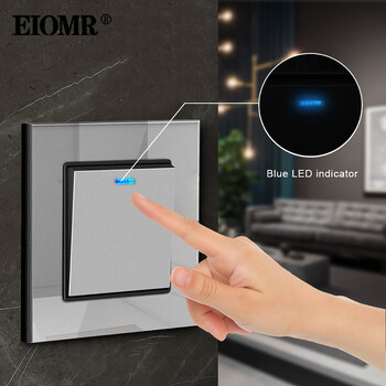 EIOMR Crystal Glass Switch Panel LED Indicator 86mm*86mm 1 2 Διακόπτης Gang Button Light Switch 16A 250V Rocker Wall Light Switch