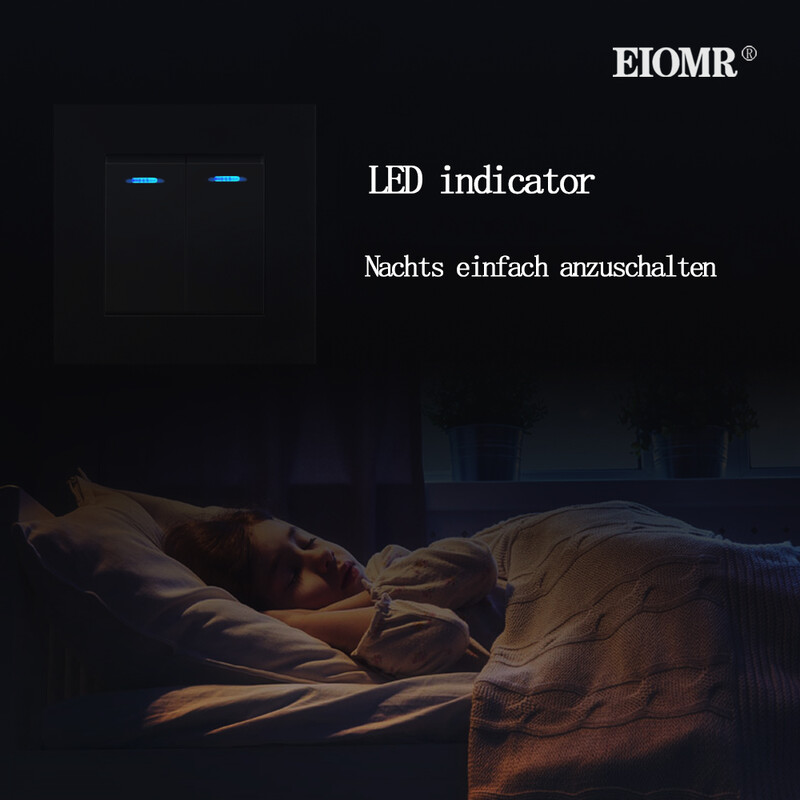 EIOMR kristallklaasist lülitipaneeli LED-indikaator 86 mm*86 mm 1 2 lüliti lüliti nupp valguslüliti 16A 250 V klapi seinavalgusti lüliti