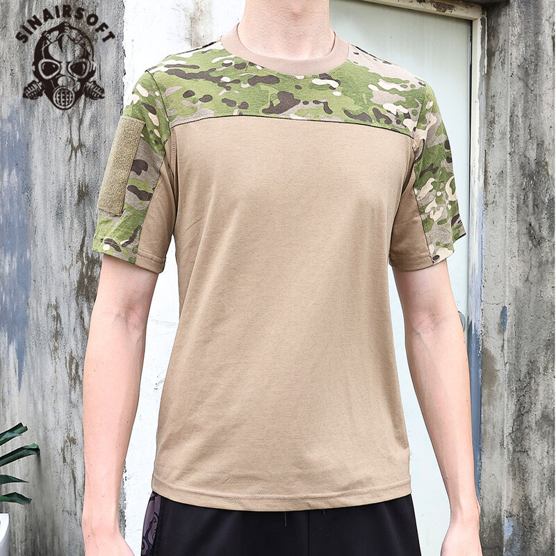 Tactics Cămașă cu gât rotund pentru bărbați, cu mânecă scurtă, din bumbac de camuflaj, tricou respirabil, sport, drumeții, vară, uscare rapidă, tricouri subțiri