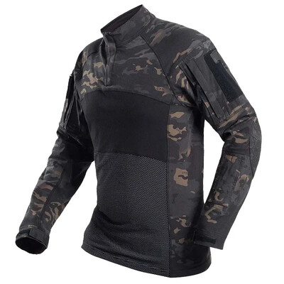 Cămăși tactice Cămașă cu mânecă lungă pentru bărbați Airsoft de luptă cu fermoar 1/4 Tricouri din bumbac Camo Haine de vânătoare rezistente la uzură