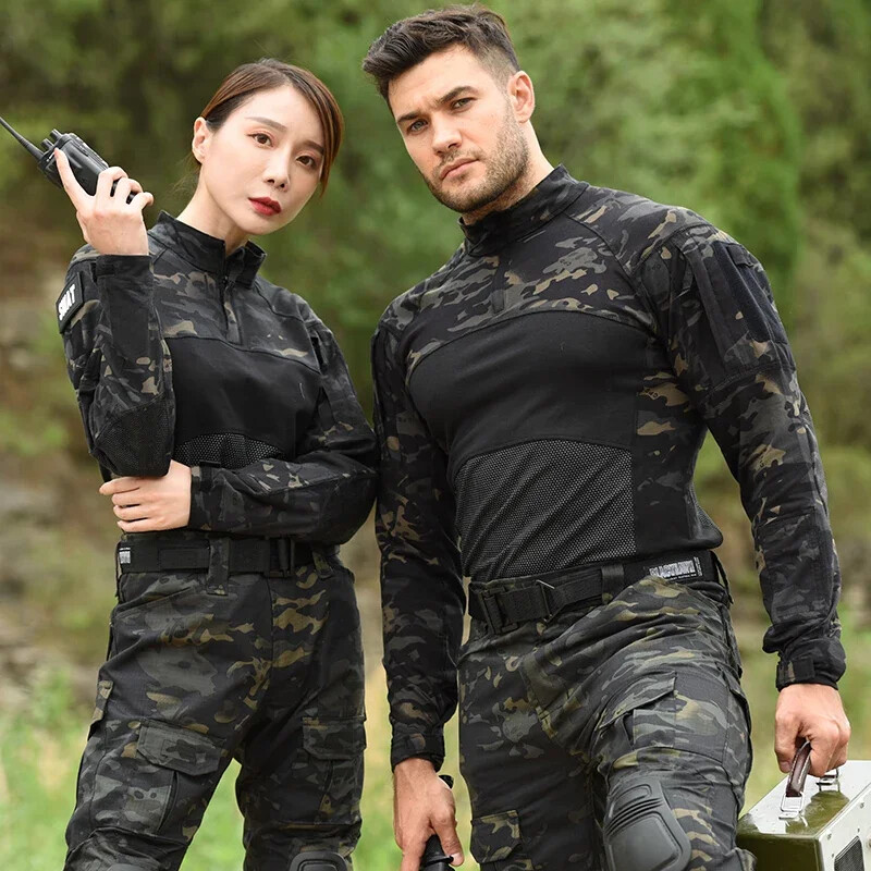 Cămăși tactice Cămașă cu mânecă lungă pentru bărbați Airsoft de luptă cu fermoar 1/4 Tricouri din bumbac Camo Haine de vânătoare rezistente la uzură