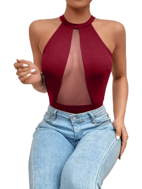 Kontrasts sieta bodijs ar kakla apkakli, ikdienišķs viengabala bodijs bez piedurknēm, sieviešu apģērbs