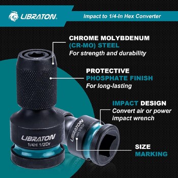 LIBRATON Impact to 1/4 Hex Converter 1/2 3/8 1/4“ Drive Female to 1/4\