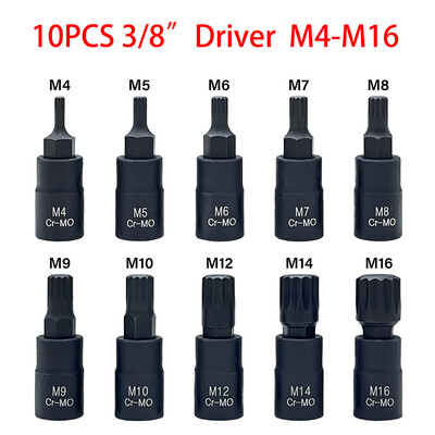 10 gab uzgaļu ligzdu komplekts, Torx Hex Sping Star uzgaļi, M4-M16 H3-H14 T20-T60 ar augstākās kvalitātes Cr-Mo tērauda 3/8 collu disku uzlabotu krātuvi