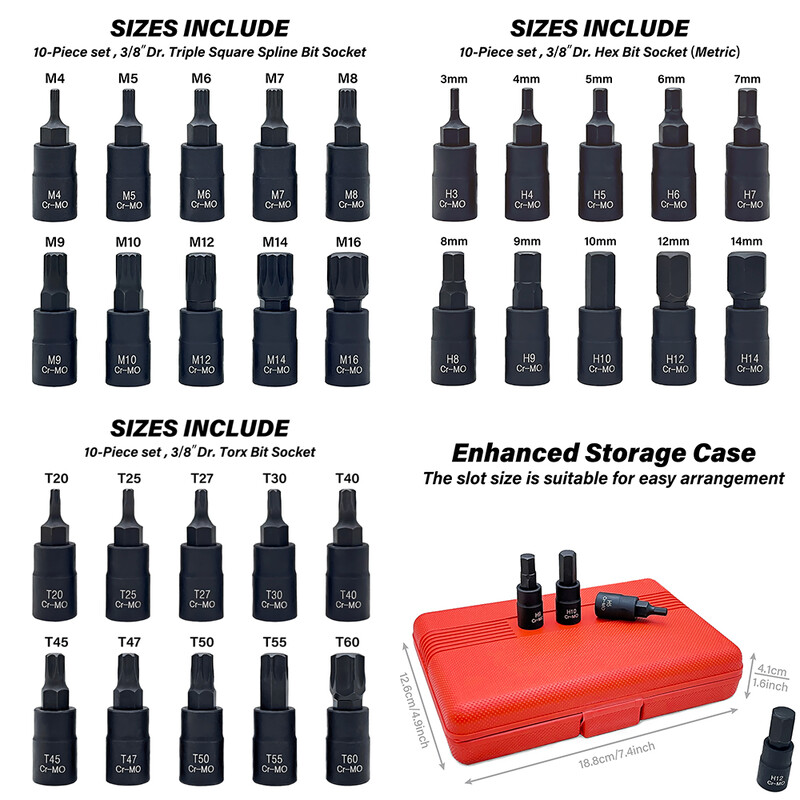10 gab uzgaļu ligzdu komplekts, Torx Hex Sping Star uzgaļi, M4-M16 H3-H14 T20-T60 ar augstākās kvalitātes Cr-Mo tērauda 3/8 collu disku uzlabotu krātuvi