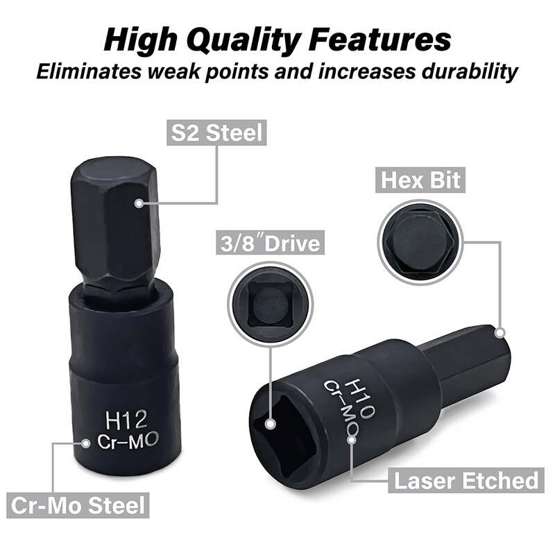 10 gab uzgaļu ligzdu komplekts, Torx Hex Sping Star uzgaļi, M4-M16 H3-H14 T20-T60 ar augstākās kvalitātes Cr-Mo tērauda 3/8 collu disku uzlabotu krātuvi