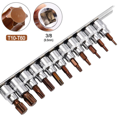 11-dielna sada objímok, bitov na skrutkovače Torx, adaptéra na objímky 3/8 1/4 palca, T10, T15, T20, T25, T27, T30, T40, T45, T50, T55, T60.