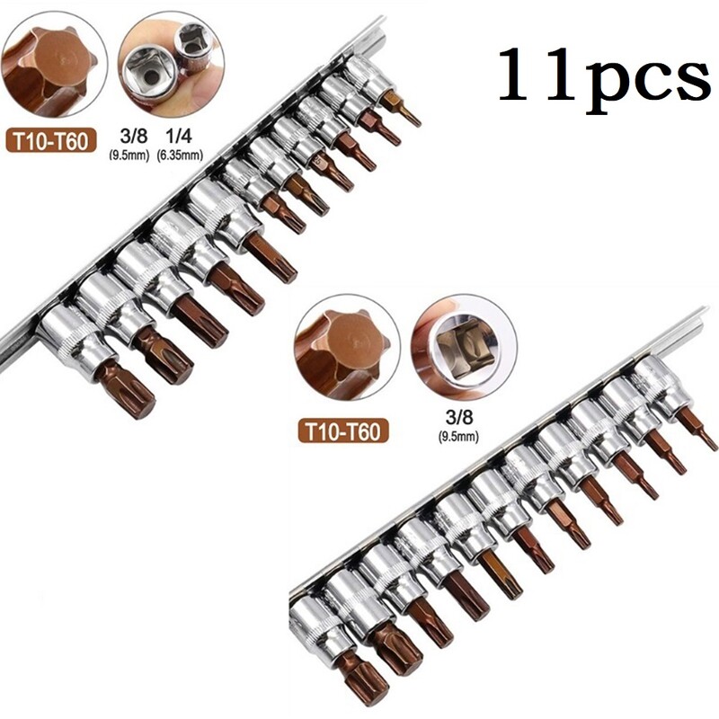 11-dielna sada objímok, bitov na skrutkovače Torx, adaptéra na objímky 3/8 1/4 palca, T10, T15, T20, T25, T27, T30, T40, T45, T50, T55, T60.