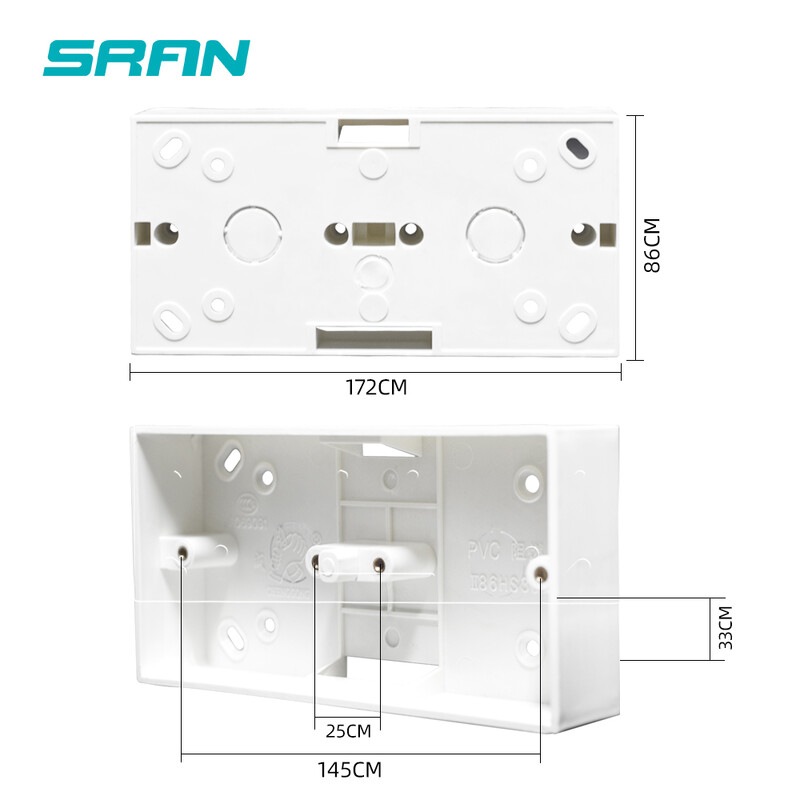 SRAN išorinė montavimo dėžutė 172 mm * 86 mm * 33 mm, skirta 86 tipo dvigubiems jungikliams arba lizdams, tinka bet kokiai sienos paviršiaus padėčiai