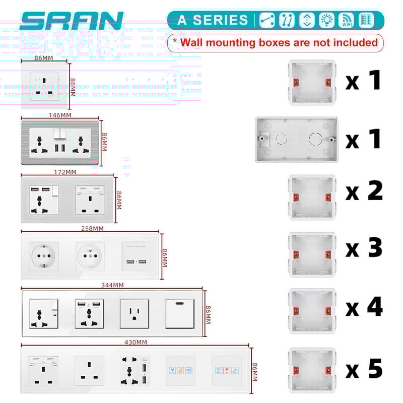 SRAN išorinė montavimo dėžutė 172 mm * 86 mm * 33 mm, skirta 86 tipo dvigubiems jungikliams arba lizdams, tinka bet kokiai sienos paviršiaus padėčiai