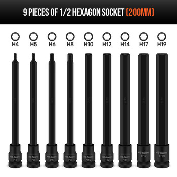 Hi-Spec 200MM Extended Socket Sets 1/9pc Hexagon Socket Length Adapter 1/2\