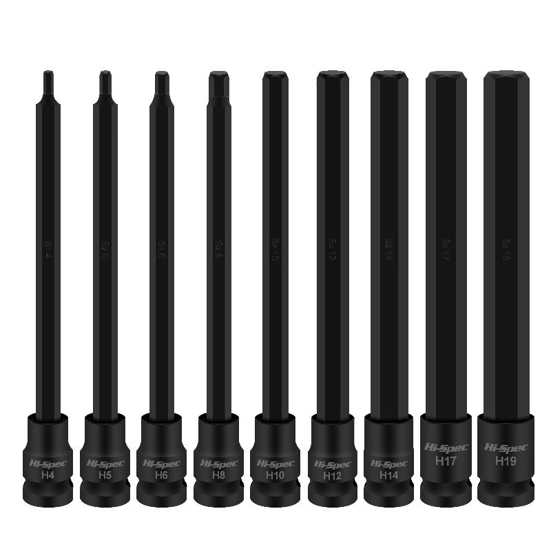 Sady predĺžených objímok Hi-Spec 200 mm, 1/9 ks, adaptér s šesťhrannou hlavou a 1/2" CR-MO šesťhrannými skrutkovacími bity H4-H19 s magnetom