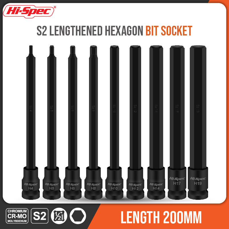 Sady predĺžených objímok Hi-Spec 200 mm, 1/9 ks, adaptér s šesťhrannou hlavou a 1/2" CR-MO šesťhrannými skrutkovacími bity H4-H19 s magnetom