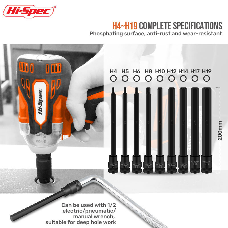 Sady predĺžených objímok Hi-Spec 200 mm, 1/9 ks, adaptér s šesťhrannou hlavou a 1/2" CR-MO šesťhrannými skrutkovacími bity H4-H19 s magnetom