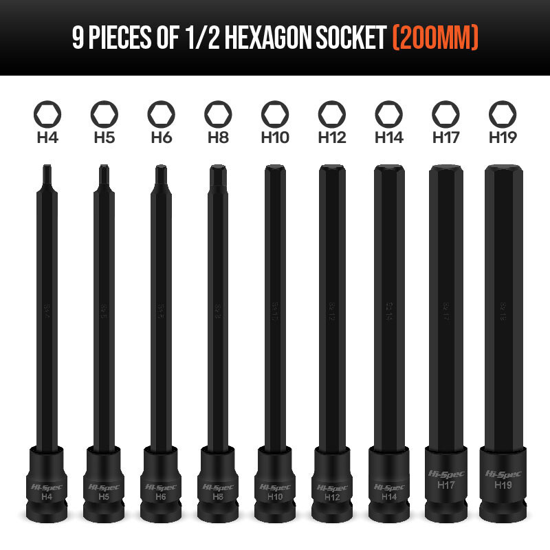Sady predĺžených objímok Hi-Spec 200 mm, 1/9 ks, adaptér s šesťhrannou hlavou a 1/2" CR-MO šesťhrannými skrutkovacími bity H4-H19 s magnetom