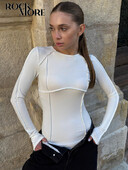 Dámsky overal Rockmore Fashion Patchwork Bodysuit Streetwear Slim Fit Body Tops s dlhým rukávom, jednofarebný, ležérny, okrúhly výstrih, ženský top