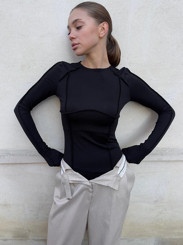 Dámsky overal Rockmore Fashion Patchwork Bodysuit Streetwear Slim Fit Body Tops s dlhým rukávom, jednofarebný, ležérny, okrúhly výstrih, ženský top