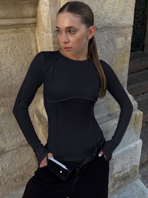 Dámsky overal Rockmore Fashion Patchwork Bodysuit Streetwear Slim Fit Body Tops s dlhým rukávom, jednofarebný, ležérny, okrúhly výstrih, ženský top