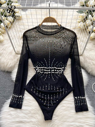 SINGREINY Body cu mărgele cu paiete din plasă pentru femei, cu gâtul în formă de O, de vară, sexy, pentru club de petrecere, cu mâneci lungi, pentru doamne, de modă, solide